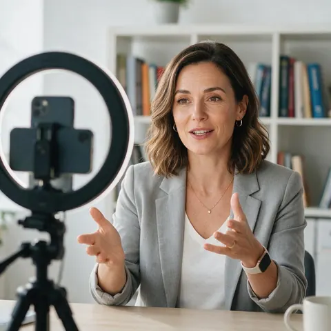 Presenter gesturing to a phone camera in a home office