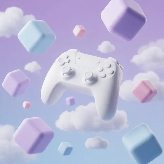 Controller in foam clouds: AI-generated 3D surreal image of a game controller floating in foam cubes