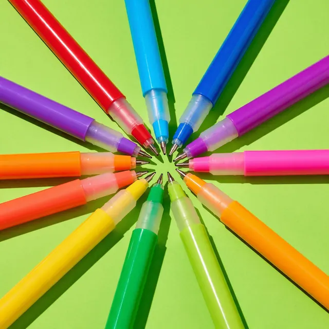 Gel pens radial burst: AI-generated colour-pop image of gel pens arranged in a radial burst