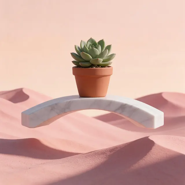 Succulent on a floating arch: AI-generated 3D surreal image of a potted succulent on a floating marble arch