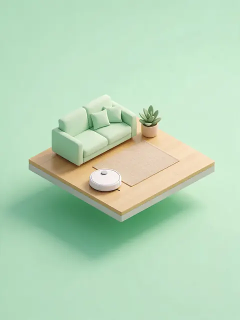 Isometric robot vacuum scene: AI-generated isometric 3D scene poster of a robot vacuum in a mini room