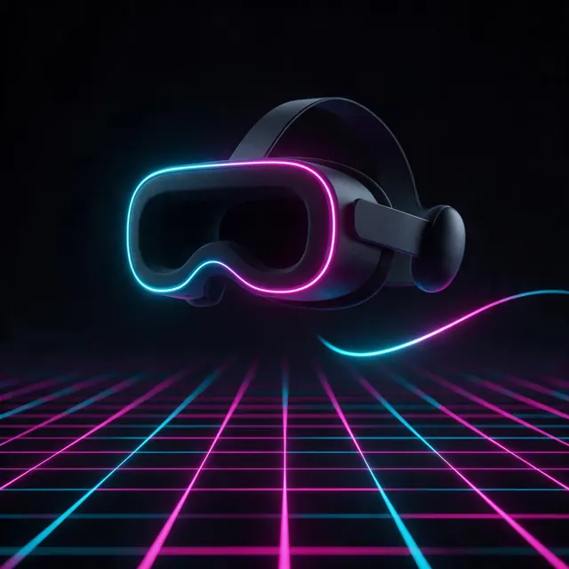 VR headset neon grid: AI-generated dark 3D image of a VR headset floating over a neon grid