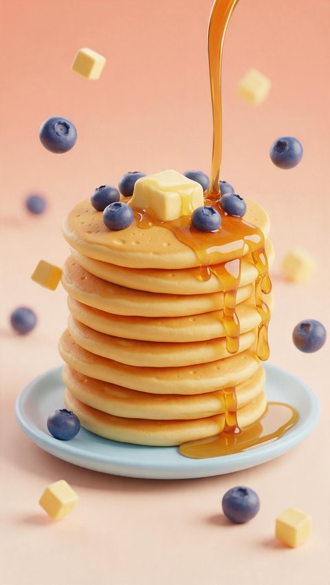 Pancake stack menu reveal: AI-generated menu-reveal motion clip of a 3D clay-style pancake stack
