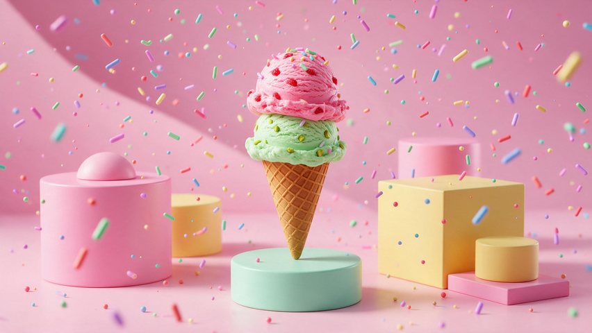 Ice cream cone colour pop: AI-generated colour-pop motion clip of a 3D ice cream cone on pastel pedestals