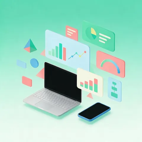 Laptop and phone with floating abstract dashboard cards on mint