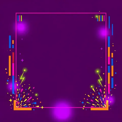 Confetti bursts and stacked shapes on deep purple, event-promo style