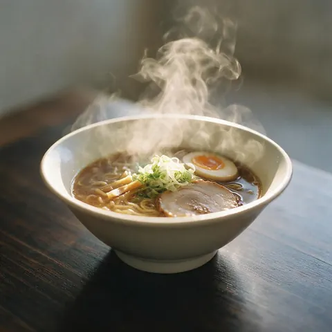 Steaming bowl of ramen with warm rim light