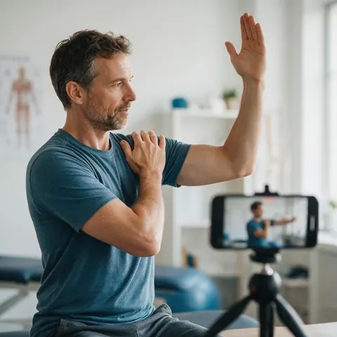 Physiotherapist demonstrating a shoulder exercise while a phone records