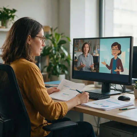 Instructional designer reviewing a presenter video beside an illustrated host