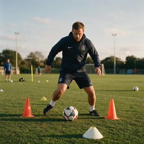 Football coach demonstrating a dribbling drill between cones