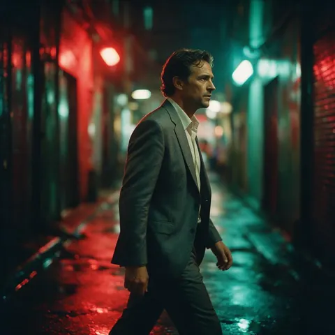 Neo-noir trailer still of a man in a grey suit in a rainy neon alley at night