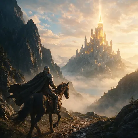 Fantasy trailer still of a knight on horseback crossing a misty mountain pass at dawn