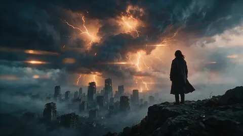 Cinematic trailer still of a woman in a dark coat on a cliff facing a giant storm over a ruined city