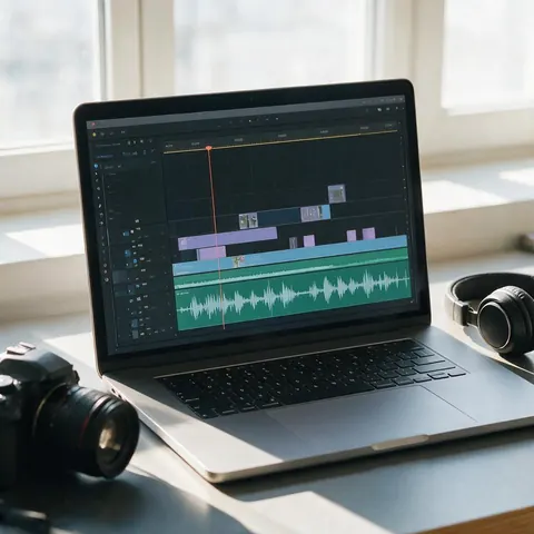 Laptop video edit with an audio track, a camera and headphones