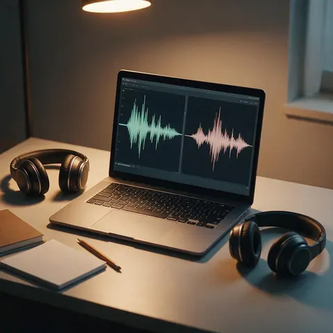 Laptop showing two waveforms side by side with headphones and a notebook