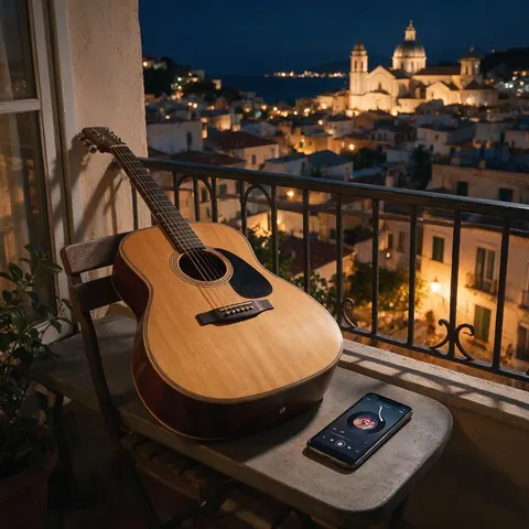 Acoustic guitar on a balcony over a city at summer night