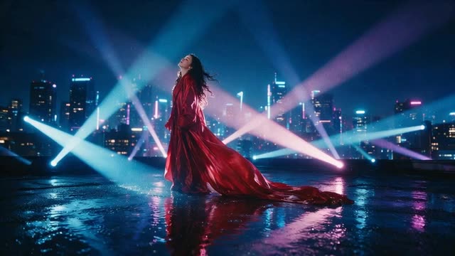 Light beams pulsing around a singer on a neon rooftop at night
