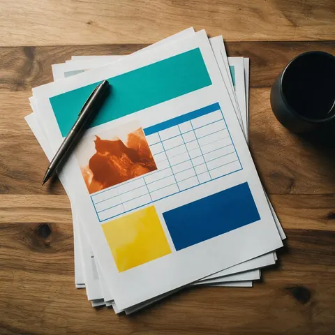 Printed pages of a laid-out report with tables and pictures