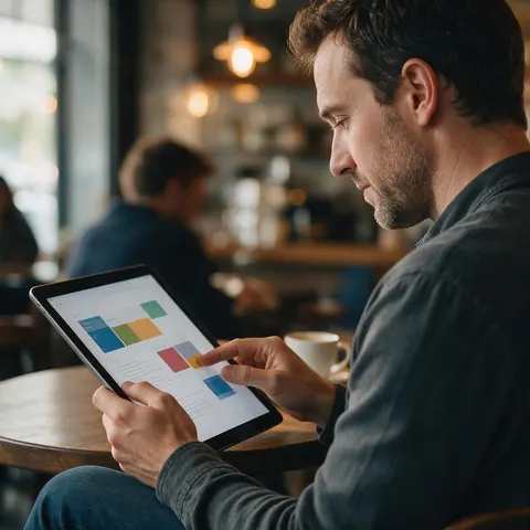 A man reading a PDF guide on a tablet in a cafe