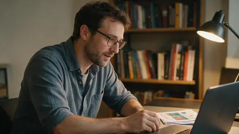 A tutor preparing printed lesson handouts
