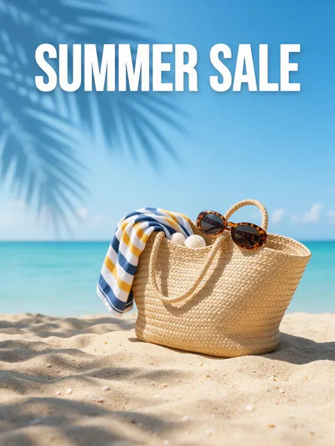 Summer sale beach poster: AI-generated sale poster: a straw beach bag and sunglasses with a SUMMER SALE headline