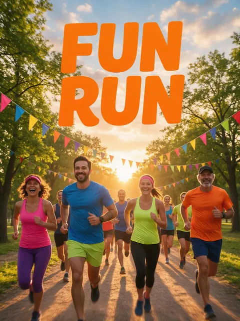 Fun run event poster: AI-generated event poster: fictional runners in a sunrise park with a FUN RUN headline
