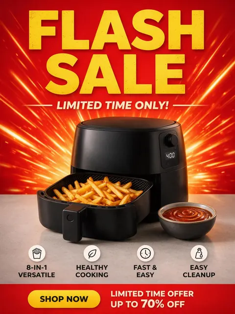 Air fryer flash sale poster: AI-generated product poster: an air fryer with crispy fries and a FLASH SALE headline
