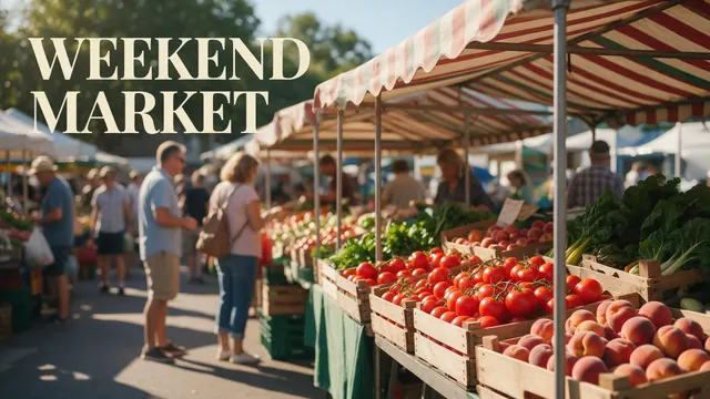 Weekend market banner: AI-generated wide banner: a farmers market scene with a WEEKEND MARKET headline