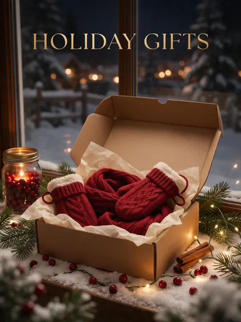 Holiday gift box poster: AI-generated holiday poster: a knitted scarf gift box with a HOLIDAY GIFTS headline