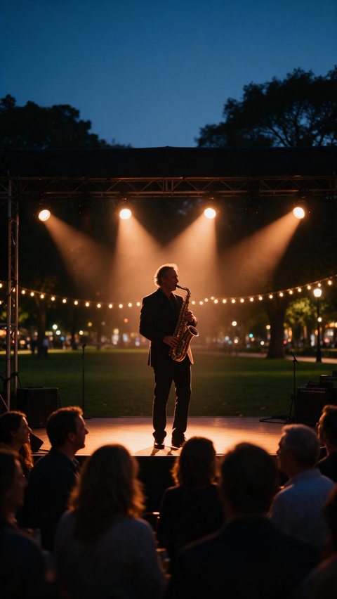 Jazz festival event promo: AI-generated event promo: stage lights sweep over an open-air jazz festival at dusk