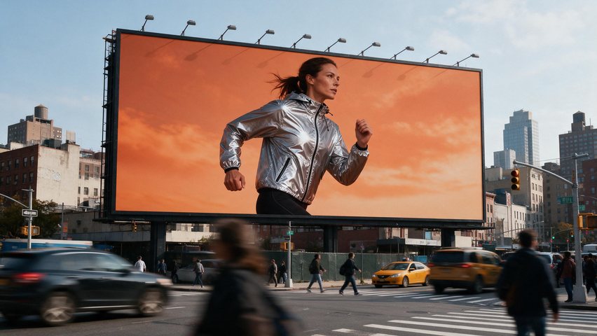Running jacket billboard: AI-generated billboard ad: a running jacket campaign on a large city billboard