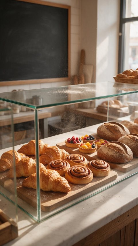 Bakery menu reveal: AI-generated menu reveal: a bakery counter of fresh pastries glides into view