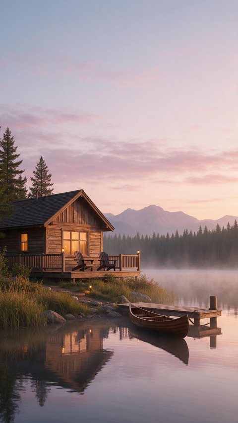 Lakeside cabin location promo: AI-generated location promo: a lakeside cabin retreat with mist rising off the water