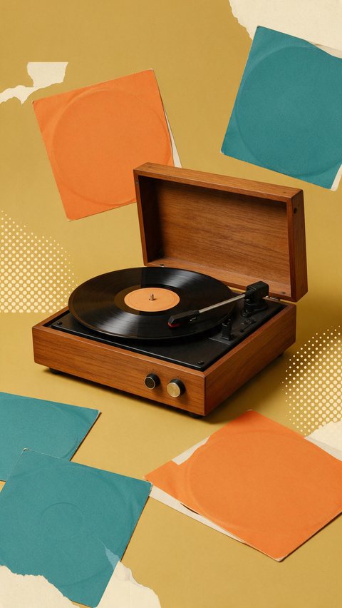 Record fair mixed media promo: AI-generated mixed media promo: a turntable spins among paper-cut record sleeves