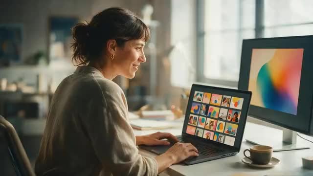 Looping clip: a woman browsing a colourful slide deck on her laptop