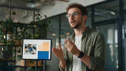 A founder rehearsing a pitch with a slide on a tablet