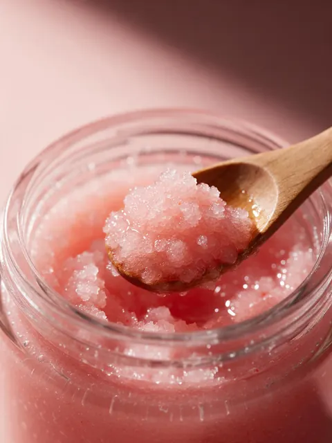 Sugar scrub texture closeup: AI-generated closeup: the glistening texture of a pink sugar body scrub