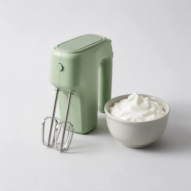 Hand mixer clean studio listing: AI-generated marketplace image: an electric hand mixer with beaters on a clean set
