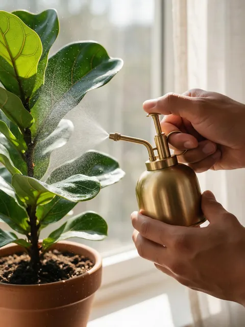 Brass plant mister in use: AI-generated usage photo: hands misting a fiddle-leaf fig with a brass plant mister