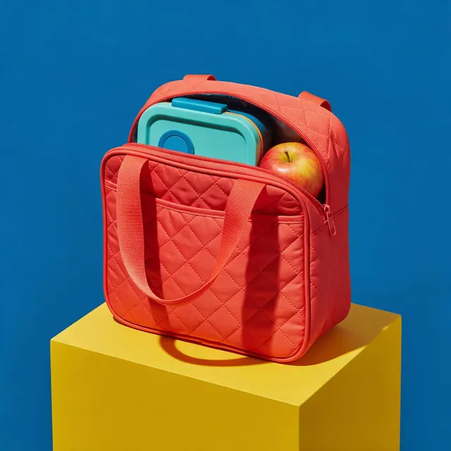 Lunch bag color pop listing: AI-generated marketplace image: an insulated lunch bag on a bold colour-pop set