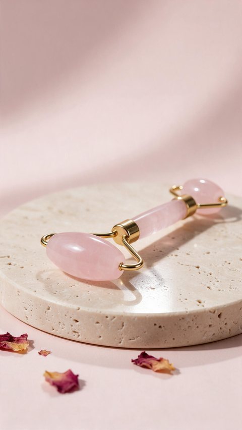 Facial roller product showcase: AI-generated product showcase: a rose quartz facial roller turns on a stone plinth