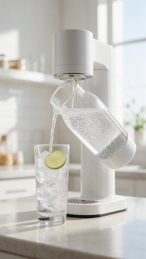 Soda maker ASMR pour: AI-generated ASMR clip: fizzy water from a home soda maker poured over ice