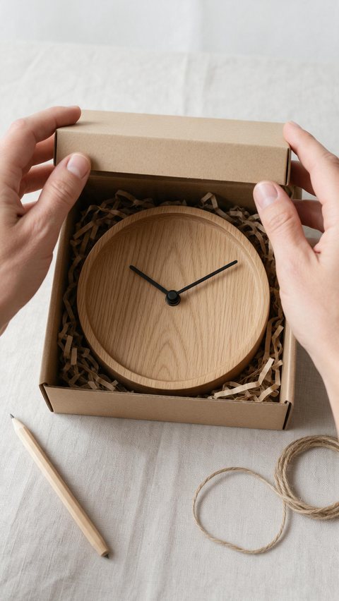Wall clock hands-only unboxing: AI-generated hands-only unboxing: a minimalist oak wall clock lifted from its box