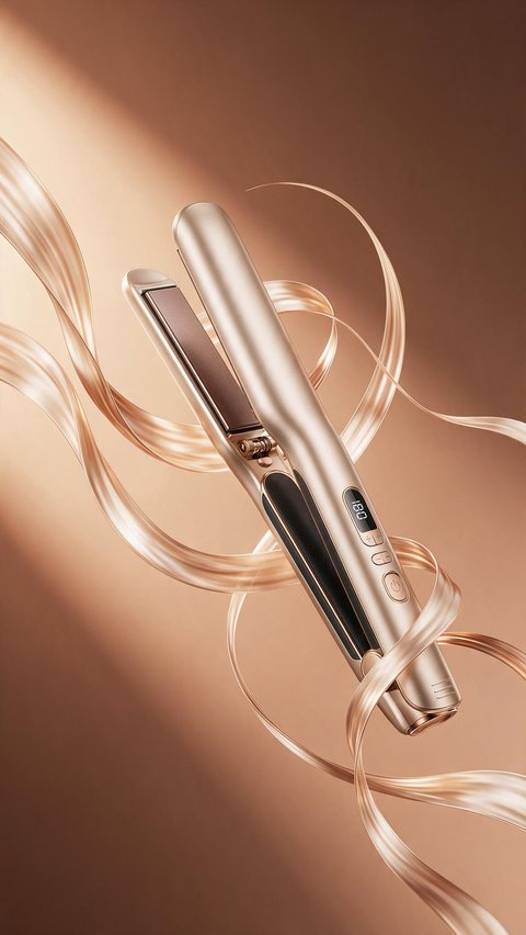 Hair straightener hypermotion: AI-generated hypermotion clip: a cordless hair straightener snaps open in a flash of light