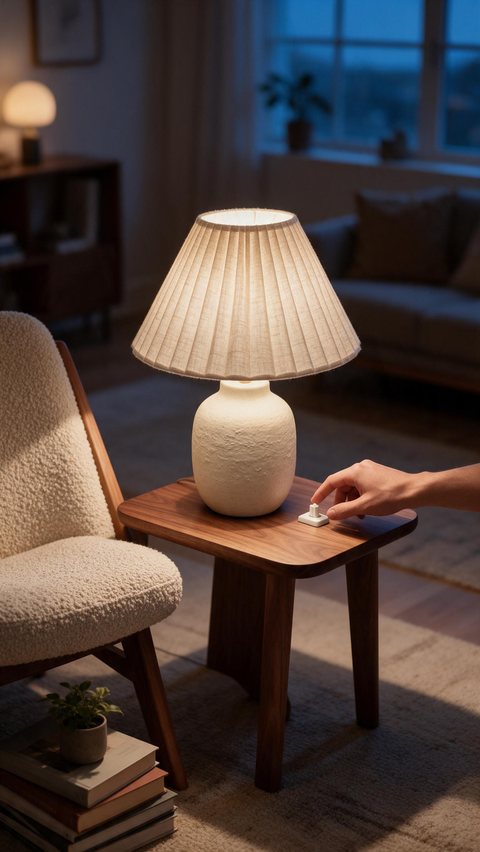 Ceramic table lamp at dusk: AI-generated lifestyle b-roll: a ceramic table lamp switched on beside a reading chair