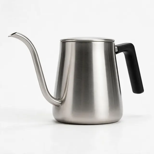 Pour-over kettle studio white: AI-generated studio-white product image of a gooseneck pour-over kettle
