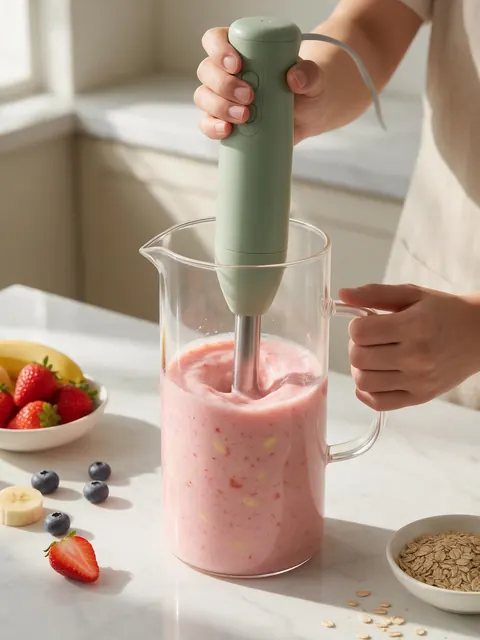 Hand blender smoothie usage: AI-generated usage image of a cordless hand blender making a smoothie