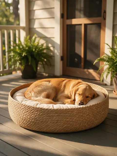 Woven dog bed on porch: AI-generated natural-light image of a woven dog bed with a sleeping dog