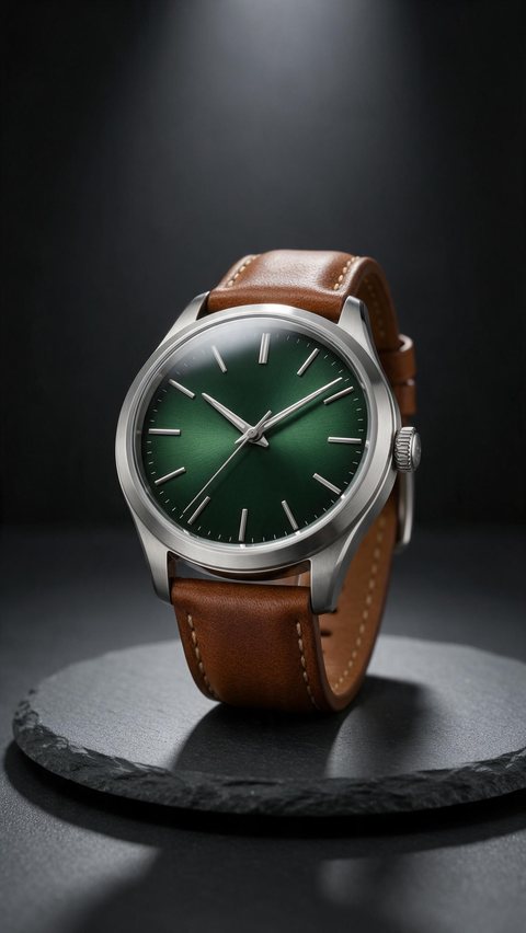 Wristwatch turntable showcase: AI-generated product video of an automatic wristwatch on a slate plinth