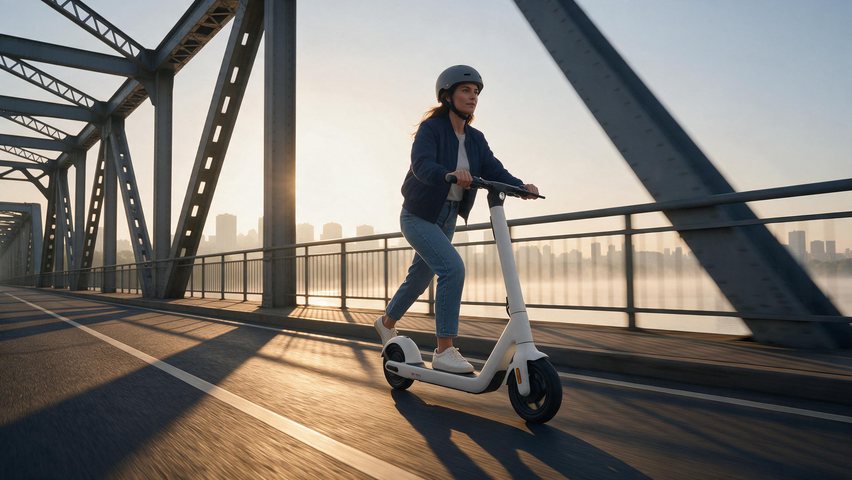 Electric scooter dawn ride: AI-generated cinematic ad of an electric scooter crossing an empty city bridge